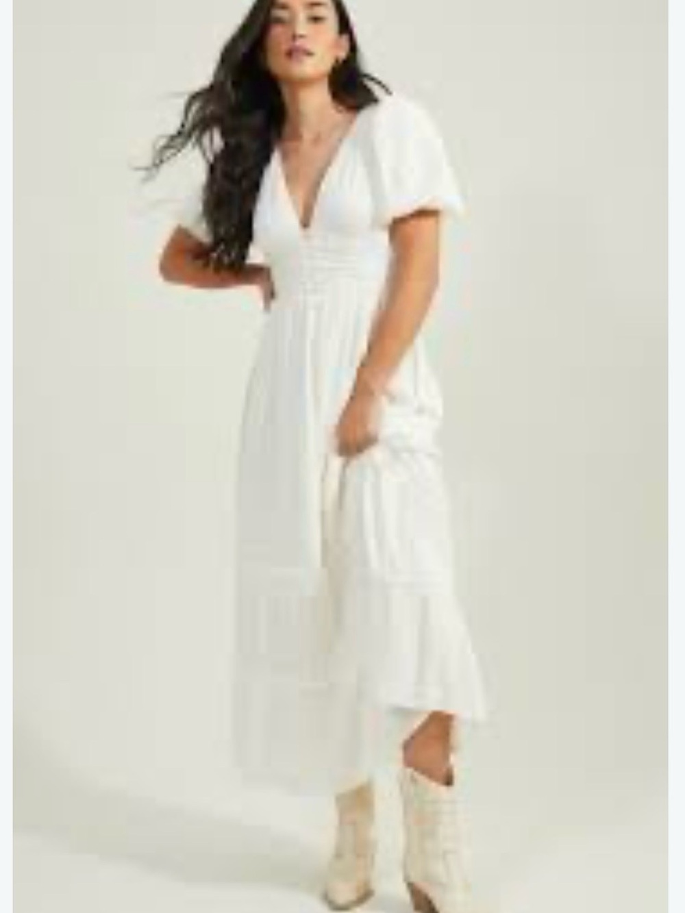 Altar'd State Ivory V-Neck Puff Sleeve Tiered Midi Dress